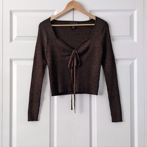 House Of Harlow 1960 Metallic Bronze Halter Tie-Neck Sweater | Size M